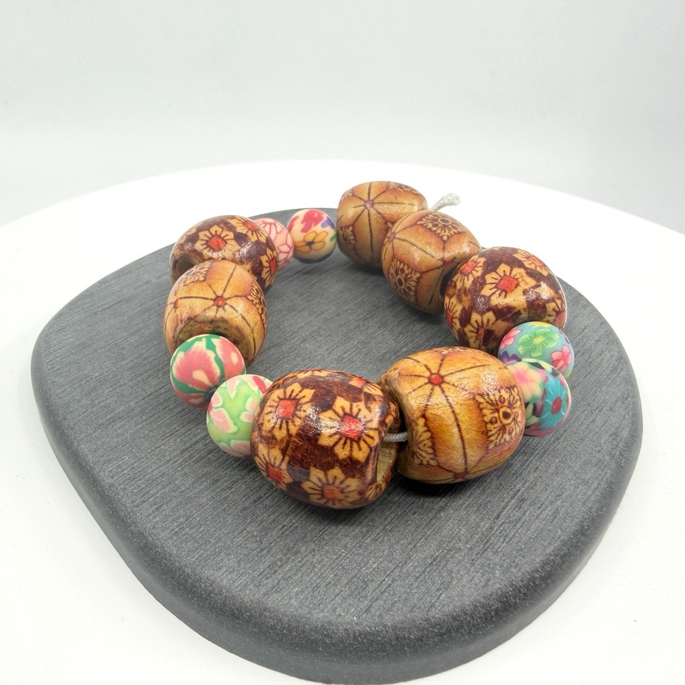 Bohemian Wood Burned Floral Clay Bead Stretch Bracelet Earthy Artisan Accessory